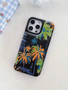 1 pieza Funda de teléfono móvil multifuncional con palmera, edificios y patrón colorido que puede almacenar tarjetas de crédito, tarjetas bancarias y monedas, adecuada para todos los modelos de teléfonos móviles Apple, puede usarse para los modelos 11/12/13/14/15/16/Pro/Plus/Pro Max/16e - Negro - Ver 5