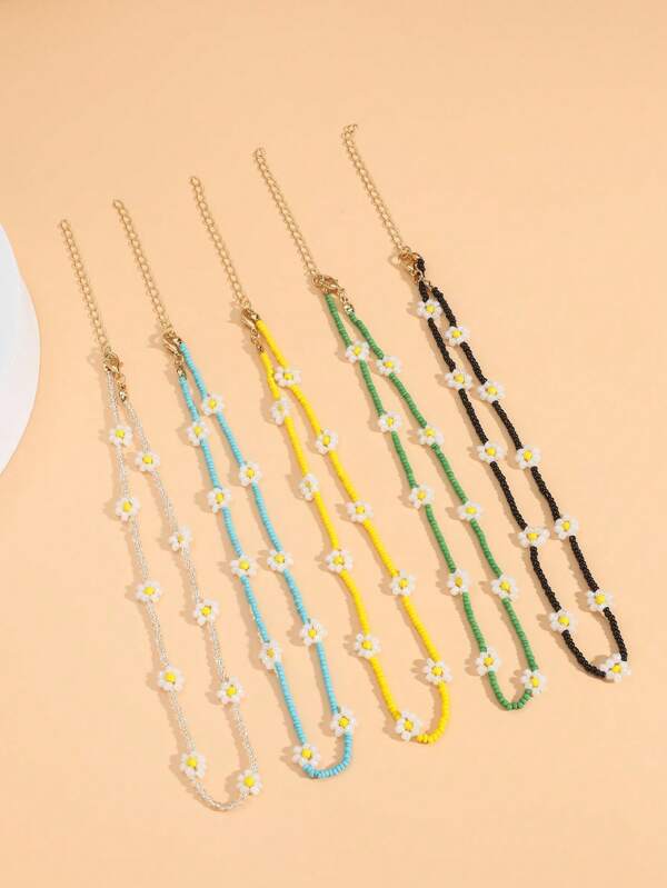 5pcs Colorful Bohemian Style Flower Necklace, Suitable For Daily Wear And Holiday Gifts