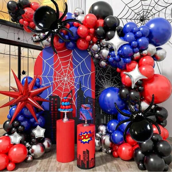 Set di 145 palloncini ad arco e ghirlanda, nei colori nero, rosso e blu navy, tema ragno, adatto per uomo, con scoppi di stelle e palloncini in foil a forma di stella, perfetto per decorare feste di compleanno a tema ragno