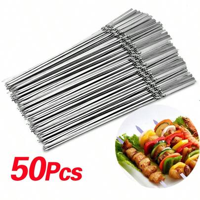 50 Stainless Steel Barbecue Metal Skewers Flat Needle BBQ Tools Kebab Stick 30CM