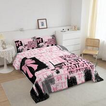 Juego de edredón tamaño king en rosa, gris y negro con lazo, para niños y niñas, conjunto de ropa de cama con diseño de lazos acuarela, 3 piezas - Negro - Ver 5
