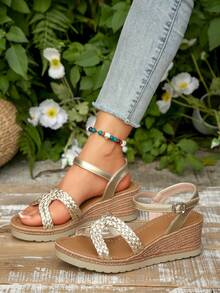 Women's Wedge Heel Thick-Soled Sandals Summer Waterproof Platform Braided Strap Fashion Sandals - Champagne - View 10