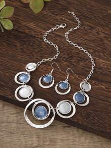 1pc Necklace 1 Pair Earrings Fashion Concentric Circle Jewelry Set, Bohemian Retro Unique Elegant Minimalist Blue Enamel Zinc Alloy, Suitable For Women Daily Wear, Party, Beach Holiday, Ideal Gift