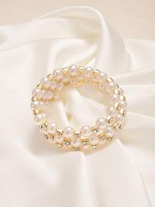 1pc Simple Fashion Triple Pearl & Rhinestone Adjustable Wire Cuff Bracelet, Lightweight & Elegant, Suitable For Daily Life And Parties, Ideal Teenage Girl Jewelry Gift