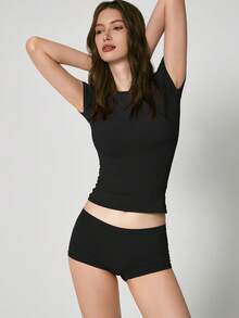 NcmRyu Seamless Stretchy Short Sleeve & Shorts Outdoor Sports Set - Black - View 8