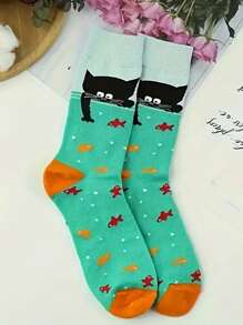 1 par de calcetines casuales y coloridos con estampado de gato lindo