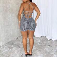 1pc Backless Striped Sexy Jumpsuit