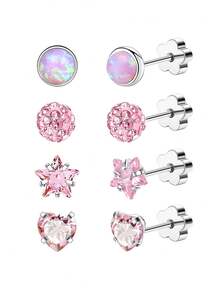 4 对女士防过敏平背耳环不锈钢软骨耳环平背心形星形花朵手工螺丝背耳环适合敏感肌肤午睡耳环 - 4對 - 查看 3