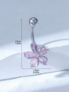 1pc Silver-Plated Copper Shiny Flower Cubic Zirconia Navel Belly Button Ring, Suitable For Ladies Party Decoration - Silver - View 4