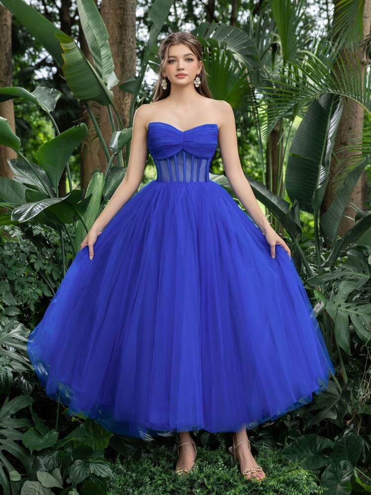Vestidos de graduación Faeriesty con escote sin tirantes, frente fruncido, Body transparente y falda de tul. Vestido de graduación y fiesta perfecto para volver al colegio, reuniones, bailes y eventos de cóctel - azul real - Añade 1