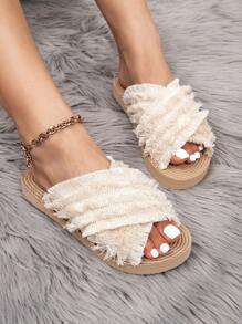 Kate Miuch Women's Four Seasons Spring And Summer Fashions Atmospheric Fashion Simple Romantic Casual Suitable For Matching Dresses To Go To The Beach Vacation Party Back-To-School Season Beige White Khaki Tassel Women's Flat Sandals Summer Shoes Beach Shoes, Bohemian Style Sweet And Cute Personalized Comfortable And Lightweight Breathable Lazy Open-Toe Beige Cross Straps Round Head Women's Flat Slippers Indoor Slippers