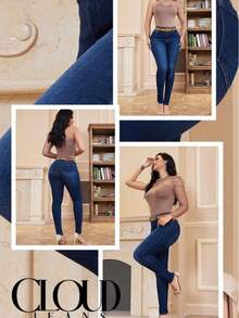 pantalon para dama mujer entubado skinny ajustado calidad stretch Liso    Casual    Mezclilla    Ninguno  Bolsillo  Botón    Diario    diario - Azul - Ver 1