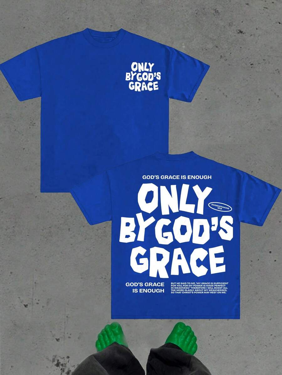 (220g Pure Cotton T-Shirt)  Men's Summer Round Neck Short Sleeved Casual Pure Cotton Christianity Clothing Print  ONLY BY GOD IS GRACE - Màu xanh lam - Xem 1