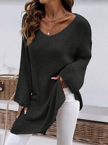 Plus Size Solid Color Round Neck Casual Loose Side Slit Asymmetrical Hem Knit Pullover Sweater Black Spring - Black - View 6