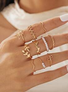 10 sztuk dziewczęcy złoty modny elegancki kwiat wycięty projekt pierścionka combo - nadaje się do codziennego dopasowania dekoracji