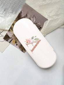 1pc Cream Solid Color Eyeglasses Case, New Minimalist Design, Portable, Waterproof And Dustproof (Small, Plastic Material) Letter Eyeglasses Hard Case - PU Leather A-Z Floral Print Eyeglasses Case - White - View 5