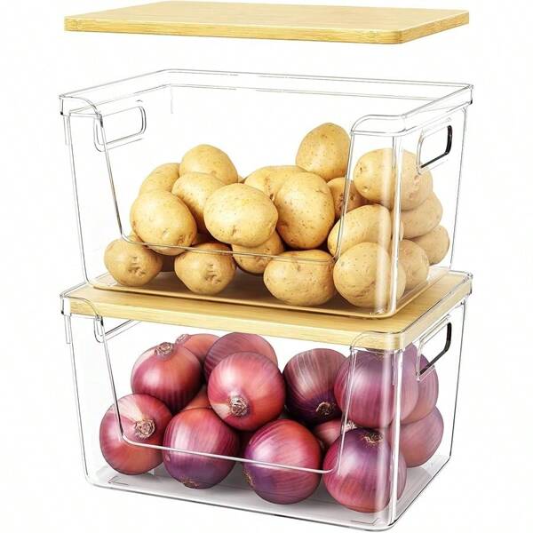 2 Set Pantry Organizer And Stackable Storage Kitchen, Sturdy And Durable Storage Basket For Potato,  Onion,  Garlic,  Fruit,  Vegetable,  Produce,  Clear Plastic Storage With Lid&Handle