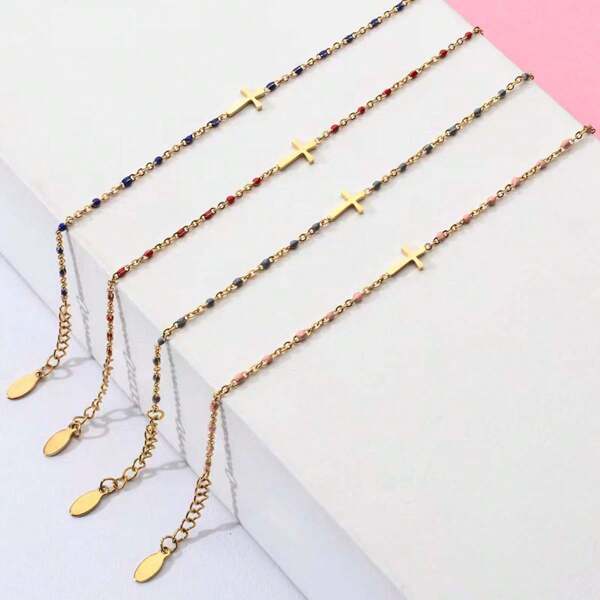 1 pièce Bracelet avec chaîne en acier inoxydable avec croix et perle de riz, plaqué or 18 K, résistant aux rayures