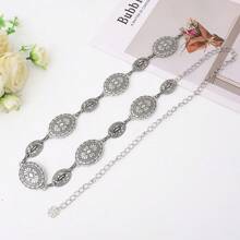 Corrente de Cintura de Metal Prateado Fashionable & Versátil para Mulheres com Incrustação de Pedra Esculpida em Flor, Cinto de Corrente Vintage Gravado, Acessório