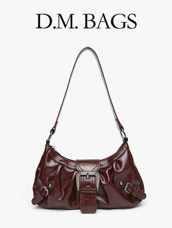 Bolso de motocicleta vintage suave y desgastado con remaches, hebilla, decoración de nube plisada, bolso de hombro/debajo del brazo, adecuado para trabajo, viajes, citas, fiestas