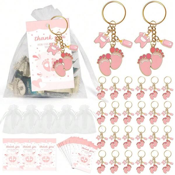 10 sets/30 piezas Conjunto de recuerdos para baby shower o bautizo en color rosa o azul con llavero con diseño de botella que contiene 10 llaveros, 10 bolsas de hilo y 10 tarjetas, perfecto para fiestas de baby shower, despedidas de soltera, cumpleaños, decoraciones navideñas, ideal como obsequios o recuerdos para niños y niñas
