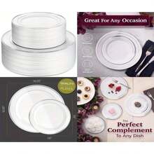 2/5/10/20/30/40/50 buc/set farfurii albe cu margine argintie, potrivite pentru familie, exterior, nuntă, petrecere acasă, reutilizabile, veselă pentru evenimente de vară, utilizare multiplă, rechizite școlare