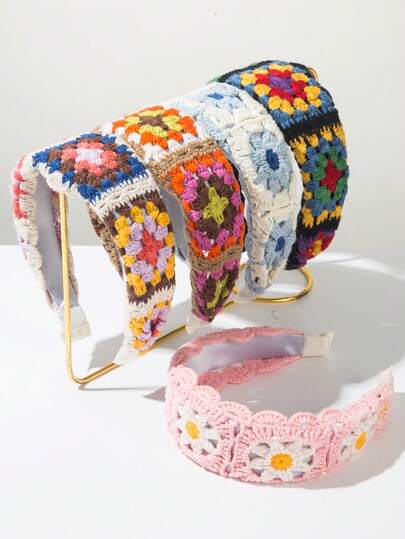 1 Pc Boho Crochet Headband - Colorful Floral Patchwork Design, Women's Soft Polyester Headband, Bohemian Style Hair Accessory, Suitable For Casual & Festive Occasions, Hairband Headband For Women, Hair Accessories, Hair Hoop