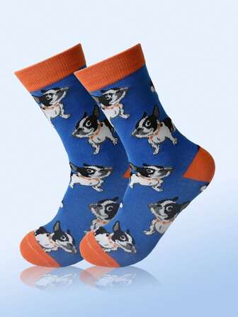 1双女士彩色小狗图案中筒袜，时尚百搭，柔软舒适，适合日常穿着