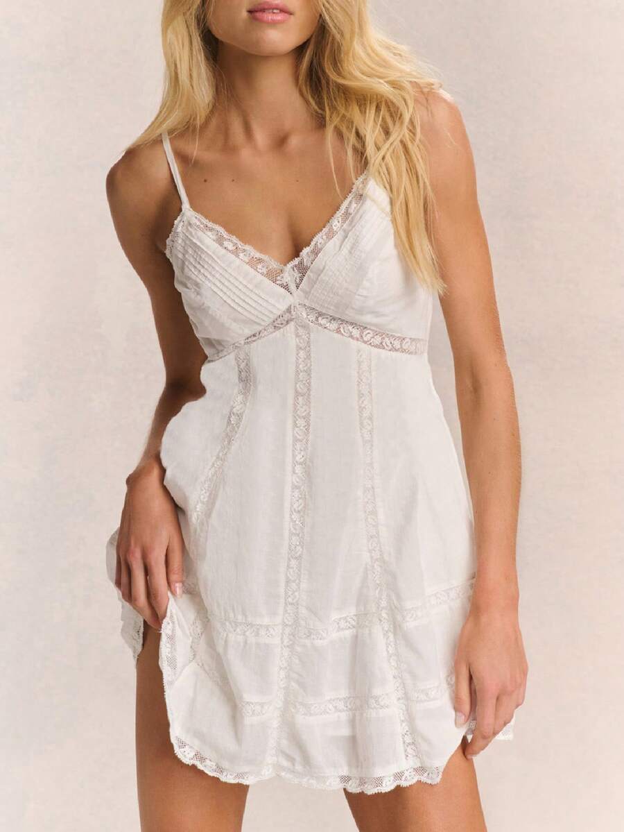 Women Lace V Neck Short Dress Spaghetti Strap Backless Sleeveless Mini Dress Cinched Waist Flowy Beach Dresses - trắng - Xem 1