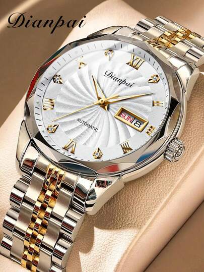 电牌机械表男士手表日期星期天水钻时尚夜光不锈钢表带全自动上弦商务男士礼物