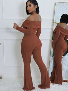2 stuks effen dames off-shoulder top met lange mouwen en broek, casual pak, herfstkleding, terug naar school - Bruin - Bekijken 4