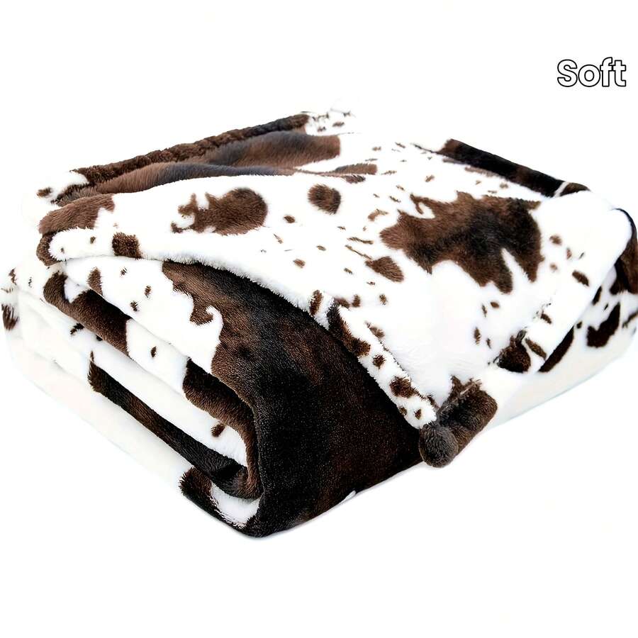 1pc Soft Cow Print Fleece Blanket - Cozy Flannel Blanket Suitable For All Seasons - Great For Daughters, Adults, Students And Teenagers, Autumn Decor, Room Decor - Mocha Brown - View 1