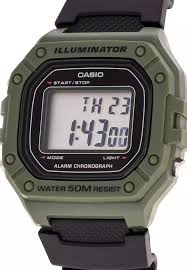 CASIO 男/女电子表 - 防水表带、日历、闹钟和秒表、复古学生电子小方表、橡胶材质、运动时尚、适合日常佩戴、W-218H-3A - 綠黑色 - 查看 4