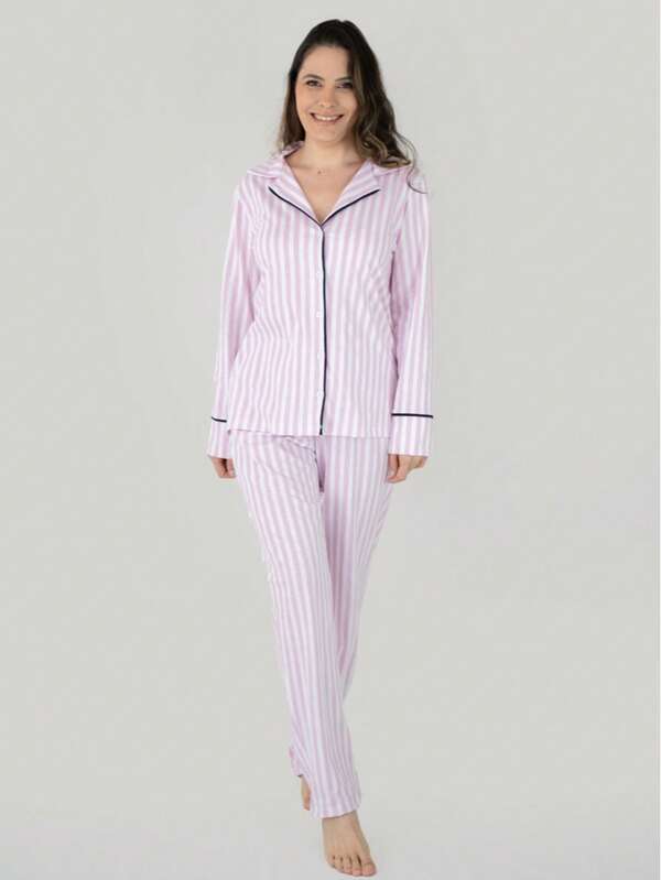 Pijama Algodão Feminino Longo Americano Inverno Adulto indicado  Gestante Amamentação e Pós cirúgico - Listrado Rosa