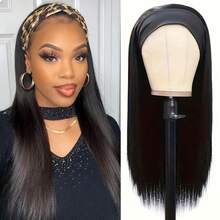 Headband Wig Human Hair Straight 20 Inch Headband Wigs For Women Glueless None Lace Front Wigs Brazilian Virgin Human Hair Machine Made Wig 200% Density Natural Color - Natural Black - 查看 3