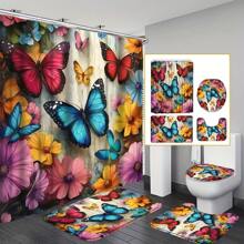 4 Peças Conjunto de Banheiro com Estampa Floral Primaveril de Jardim - Inclui Cortina de Chuveiro Lavável com 12 Ganchos, Tapete Antiderrapante, Tapete de Vaso Sanitário em Formato de U, Tampa de Assento Sanitário e Decoração de Banheiro de Volta às Aulas