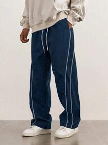 Striped Sports Jogger Pants For Men, Loose Straight Leg Sweatpants For Spring Autumn, Fitness Gym Workout Outdoor Running Casual