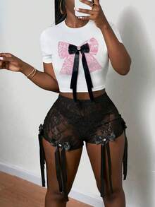 Women's Handcraft Rhinestone Bow Contrast Color Graphic Cropped Crew Neck Short Sleeve T-Shirt For Summer - White - View 2