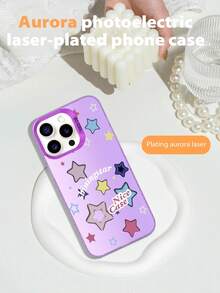 1pc Stars, Text, Purple Pattern Silver Laser Mobile Phone Case, Laser IMD Mobile Phone Case, Suitable For All Models Of Apple Mobile Phone Cases, Can Be Used For Apple 11/12/13/14/15/16/Pro/Plus/Pro Max/16e Mobile Phone Cases - 紫色 - 查看 5
