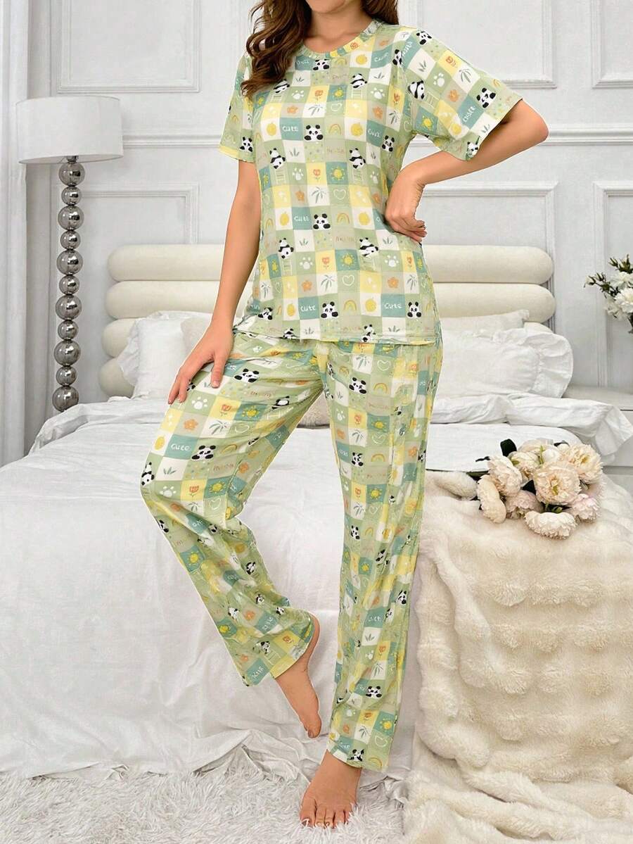 Pijama de mujer de algodón puro con estampado de cuadros de oso y corazón para San Valentín, camiseta con pantalón, ropa de casa, pijamas de mujer - Verde - Ver 1