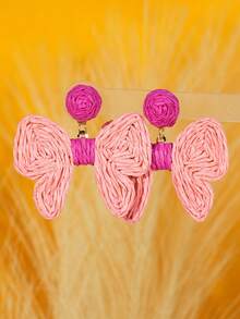 波西米亚风粉色拉菲草蝴蝶流苏耳环，甜美时尚编织耳环，适合女士，节日穿着