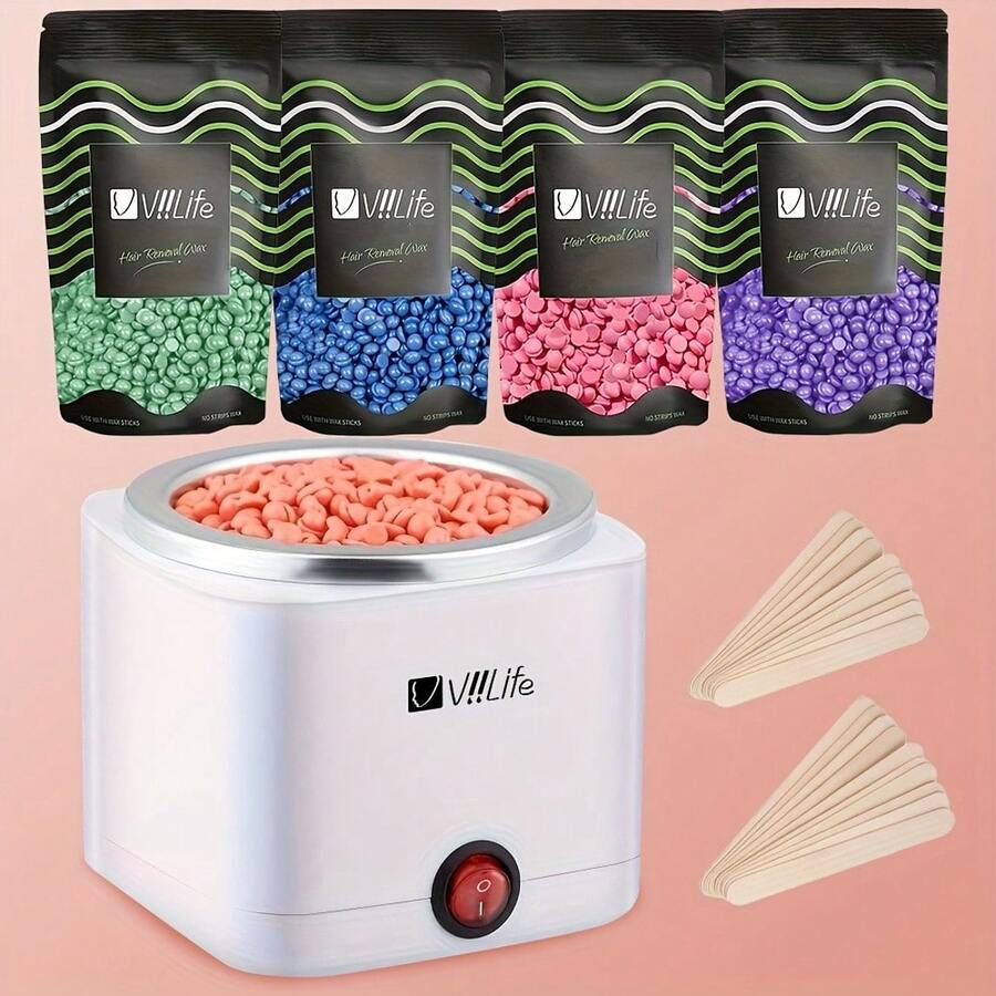 Viilife White Waxing  Set, 200cc Wax Warmer 4 Packs Of  Wax Beans 20 Waxing Wooden Sticks Suitable For Women To Wax At Home 110V Voltage Use - 查看 1