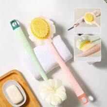 1PC Pink/Green Dual-Sided Long Handle Bath Brush & Exfoliating Sponge Scrubber - 2-In-1 Multi-Purpose Back Scrubber For Body Peeling, Shower Cleaning, Soft Bristles Bath Brush With Storage Bag, Organizer, Hair Clips, Non-Slip Grip (Bath & Shower Set)