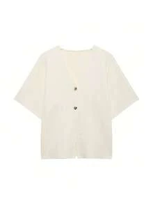 DEEKA欧美风女装夏季毕业百搭简约横针织短袖V领运动针织上衣 - 杏色 - 查看 7