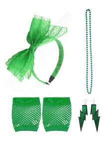 Conjunto de 6 peças de acessórios para fantasias dos anos 80 para mulheres, faixa de cabeça de renda, brincos vintage com relâmpago, luvas e colar, adequado para lhe proporcionar praticidade para se vestir para a maioria das festas de Halloween