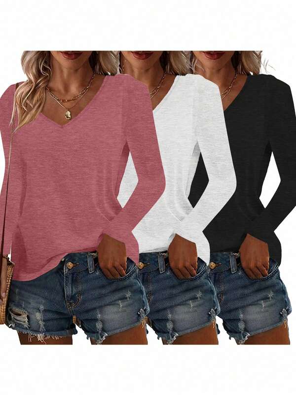 3 Stücke V-Ausschnitt Langarm Oberteile, lässige, weite V-Ausschnitt Bluse für Frauen, Frühling und Herbst