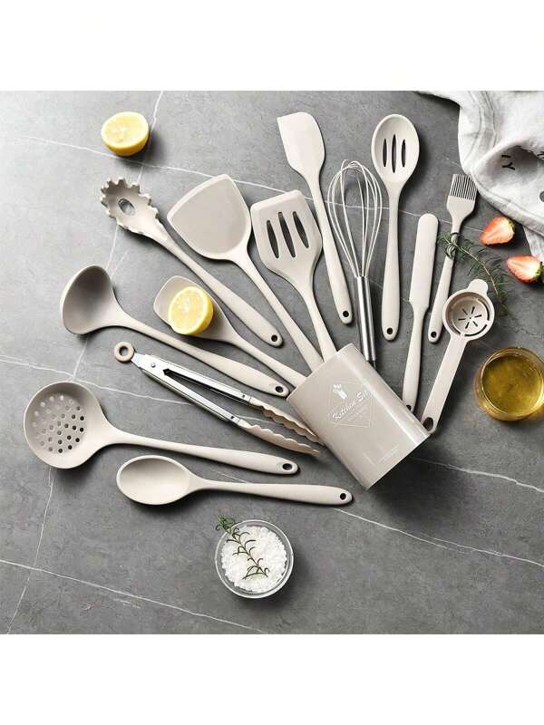 15 Pcs Silicone Cooking Utensils Set - 446°F Heat Resistant Kitchen Utensils,Turner Tongs,Spatula,Spoon,Brush,Whisk,Kitchen Utensil Gadgets Tools Set For Nonstick Cookware,Dishwasher Safe ()