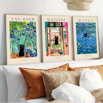 3 Impresiones de arte sobre lienzo enmarcadas de Van Gogh, Matisse y Monet con gatos negros - Decoración del hogar moderna y elegante para sala de estar, dormitorio, oficina | Sin marco, para uso en interiores, orientación vertical