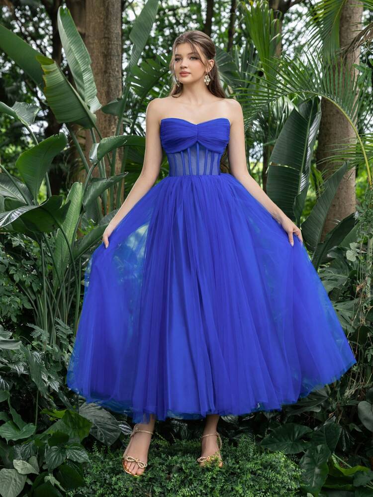 Vestidos de graduación Faeriesty con escote sin tirantes, frente fruncido, Body transparente y falda de tul. Vestido de graduación y fiesta perfecto para volver al colegio, reuniones, bailes y eventos de cóctel - azul real - Añade 6
