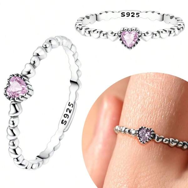1pc New 925 Silver Ring With Pink Heart Shape Zirconia, Shiny Minimal Design Ring, DIY Jewelry Suitable For Valentine's Day Gift And Everyday Wear